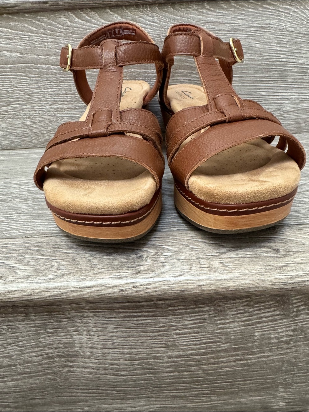 Clarks Brown Nautical Leather T-Strap Comfort Wedge Sandals Beachy Old Money - Picture 8 of 11
